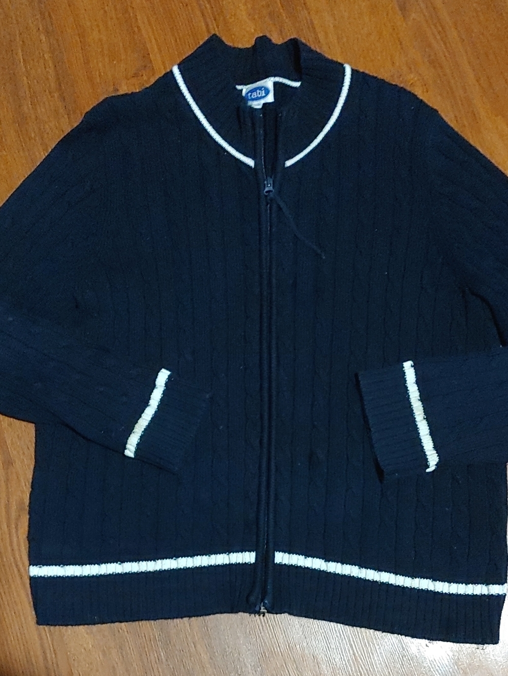 Tabi Blue Zip-Up Cable Knit Sweater with White Trim